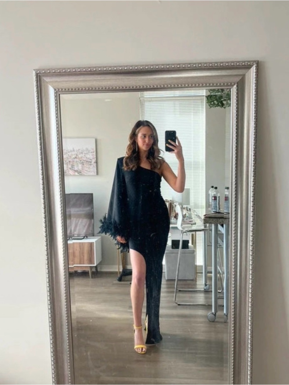 Windsor One Sleeve Feather Trim Gown
